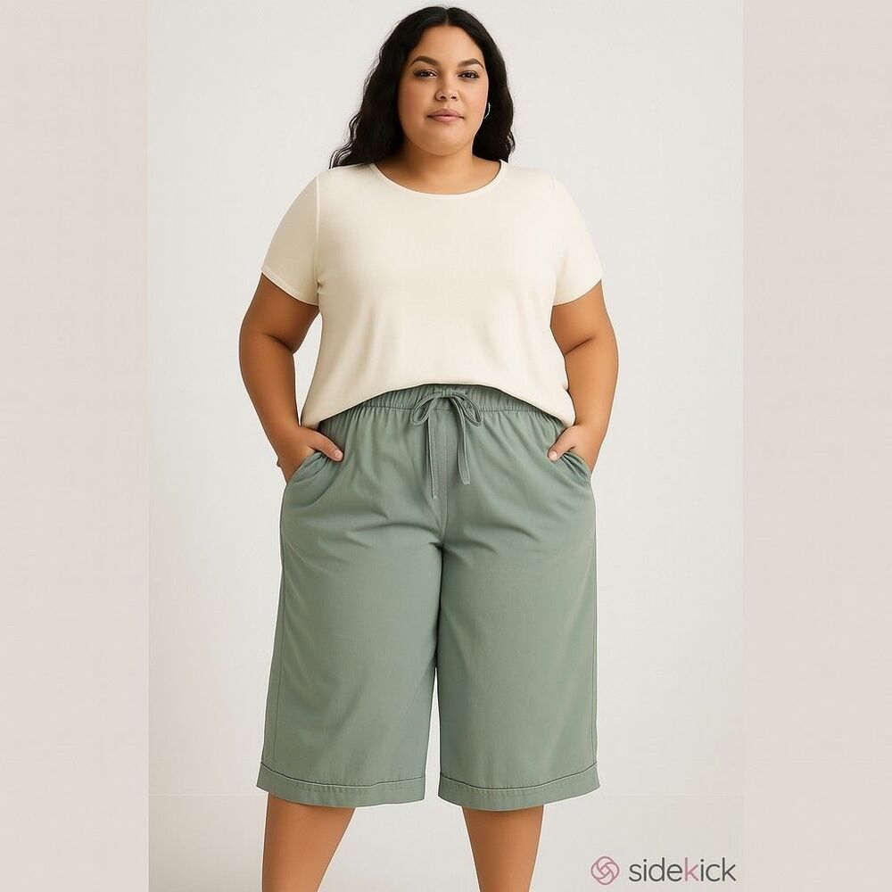Green Ava & Viv Cropped Cotton Pants, Size 2X